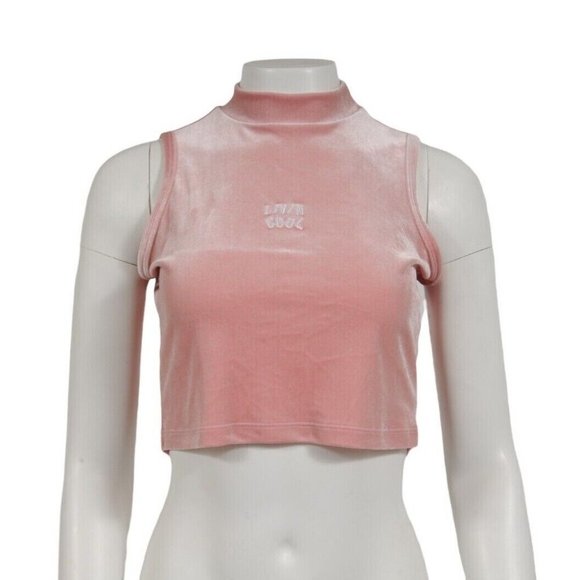 Livin Cool Womens Logo Tank Top Medium Pink White Velour Mock Neck Sleeveless - Picture 1 of 8